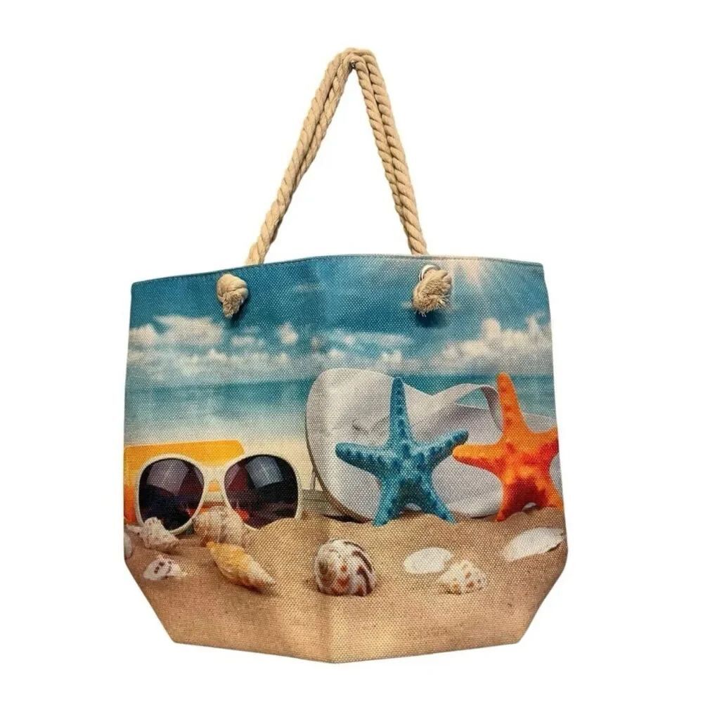 Large Beach Theme Canvas Tote Bag Rope Handles Zips Starfish Sand Sandals New